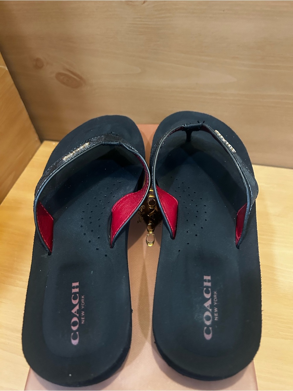 Coach Black Thong Sandals with Red Lining and Gold Logo - Picture 4 of 5